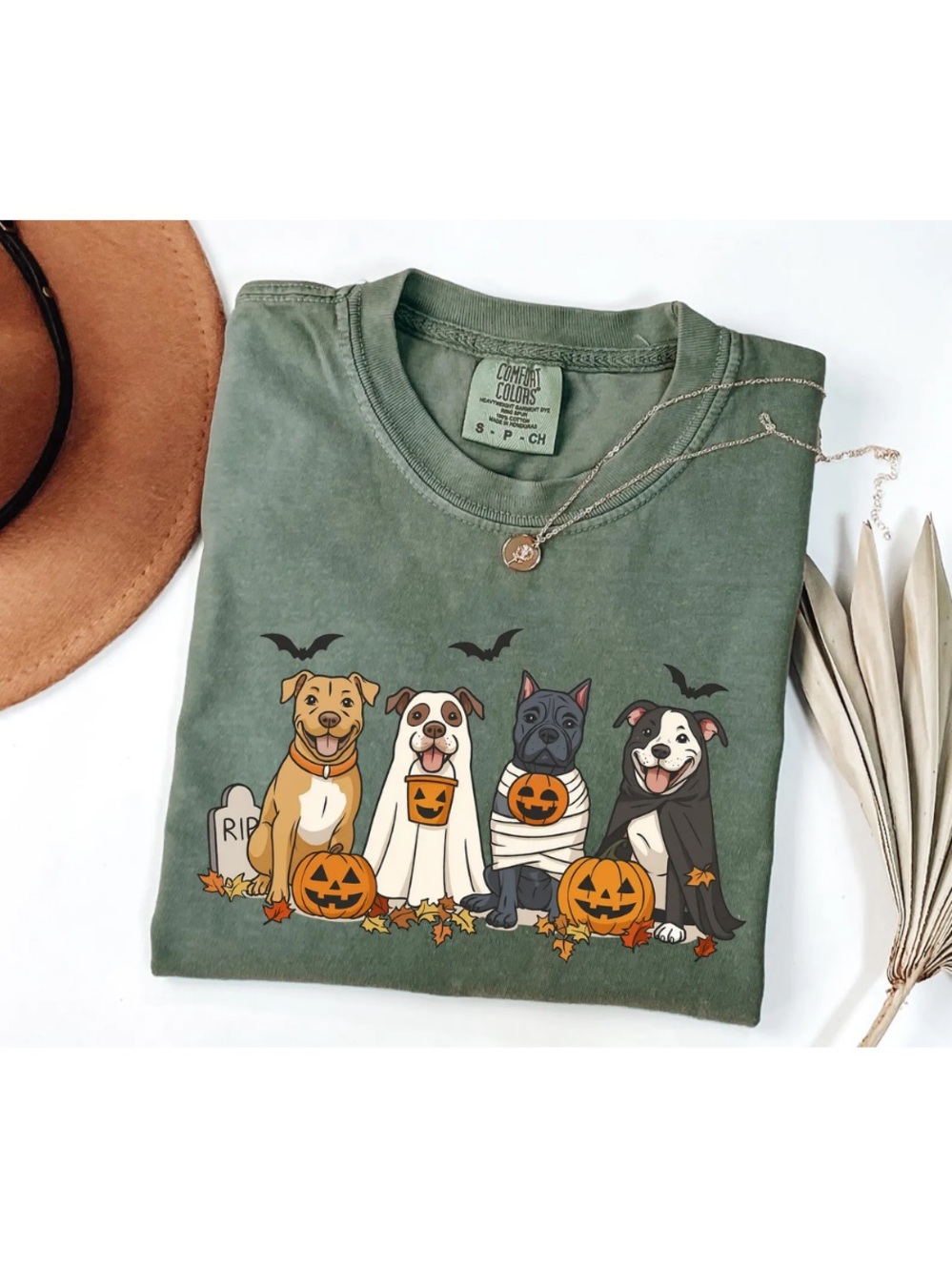 Comfort Colors Moss Green Halloween Dogs Graphic Tee